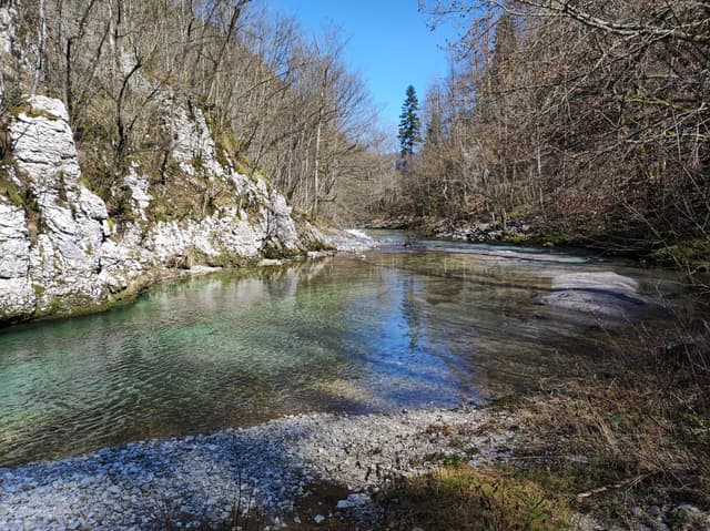 The Idrijca flowing through the rocky Strug gorge between Podroteja and Idrijska Bela.