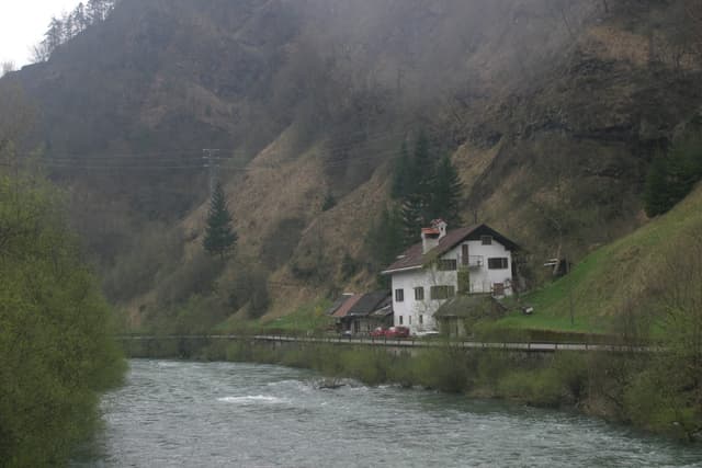 The Idrijca at Spodnja Idrija, Slovenia, the river channel through the valley.