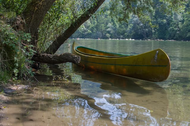 A canoe resting on the calm green bank of the Kolpa beneath overhanging willows, forested hills behind.