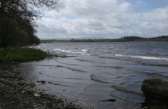 The open surface of the Lake of Menteith under a stiff wind, choppy water viewed from near Port of Menteith.