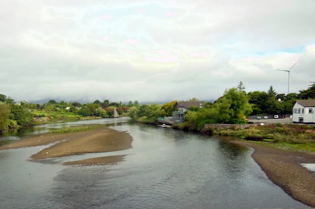 The River Laune through Killorglin with the Macgillycuddy's Reeks behind.