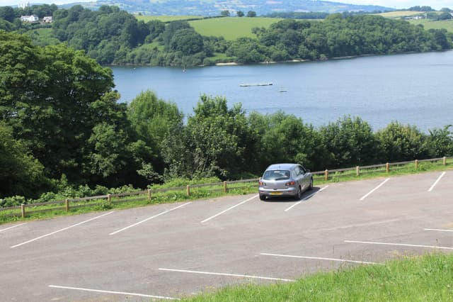 The southern basin of Llandegfedd Reservoir looking north-northwest, with Sluvad Wood on the far shore.