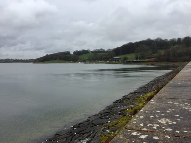 Open water of Llandegfedd Reservoir from the dam, looking east-northeast across the main basin.