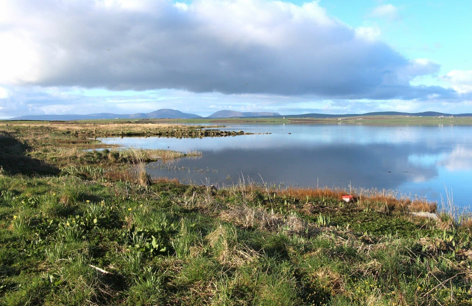 Mirror-calm water of Loch of Harray on a still morning, reflecting the sky and distant Orkney shoreline.