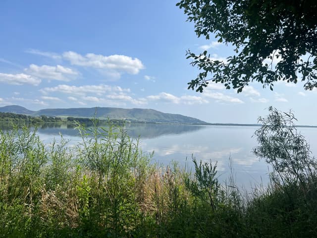 Still, sunlit surface of Loch Leven seen from the north shore, reed-fringed foreground with rolling hills behind.