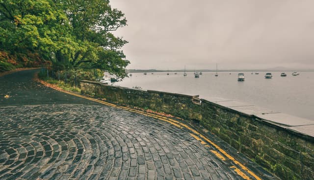 Wide shoreline view of Loch Lomond at Balmaha with open water and distant hills under an overcast sky.