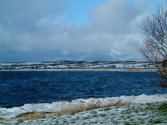 Loch Watten in a snowy winter scene, Caithness, the broad flat landscape framing the loch.