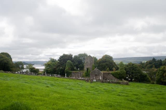 Ballindoon Priory ruins with Lough Arrow stretching behind, County Sligo.