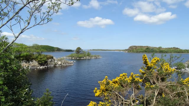 Wide panoramic view north across Lough Conn from Pontoon Bridge, County Mayo.