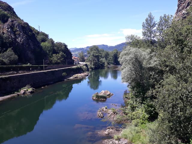 The Nalón valley at Peñaflor, Grado, the river running through wooded Asturian landscape.