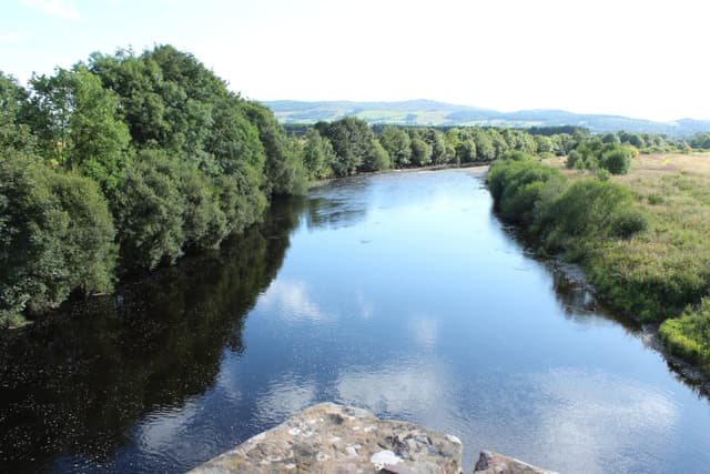 The River Nith at Thornhill on a bright summer day, gravel shallows and wooded banks.