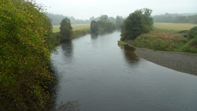 Looking upstream along the River Nith from Auldgirth Bridge in October, autumn foliage reflected in the slow pool.