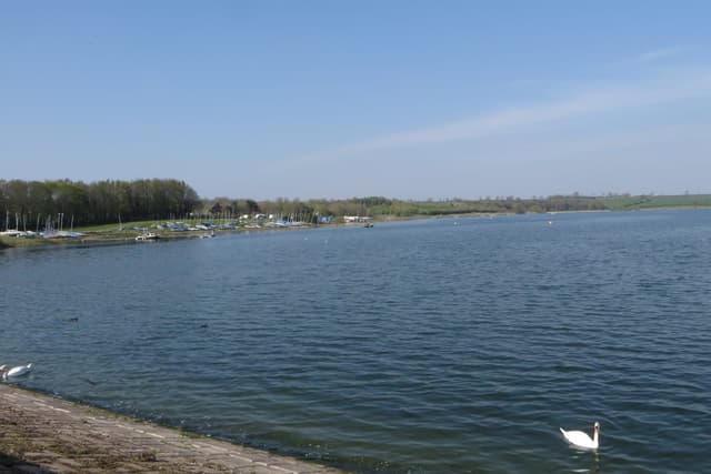 Boats on Pitsford Reservoir with open water and the Brixworth shore in the background.