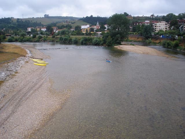 The Río Sella passing through Arriondas, Asturias, with wooded banks.