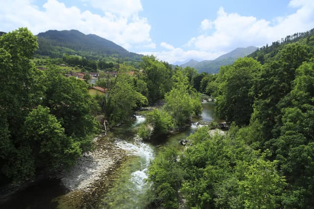 The Río Sella at Cangas de Onís looking upstream toward the Picos de Europa.