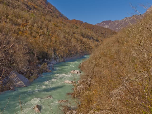 The Soča flowing through the dramatic Kobarid Gorge canyon, viewed from the Soča Trail.