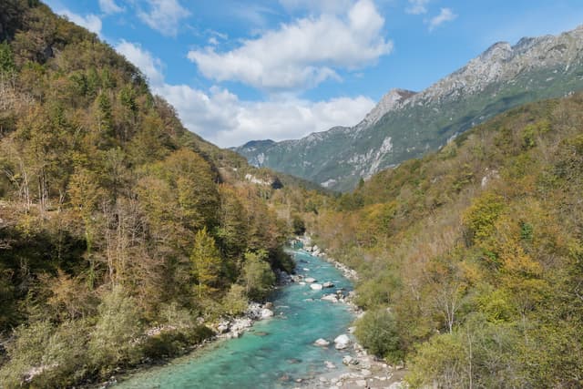 The emerald-green Soča river flowing through the valley near Kobarid, Slovenia.