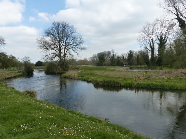 A spring view of the River Test flowing through Houghton Lodge Gardens, clear chalk-stream water.