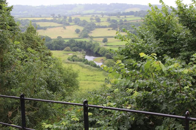 The River Towy flowing in broad meanders through the valley below Dinefwr Castle near Llandeilo.