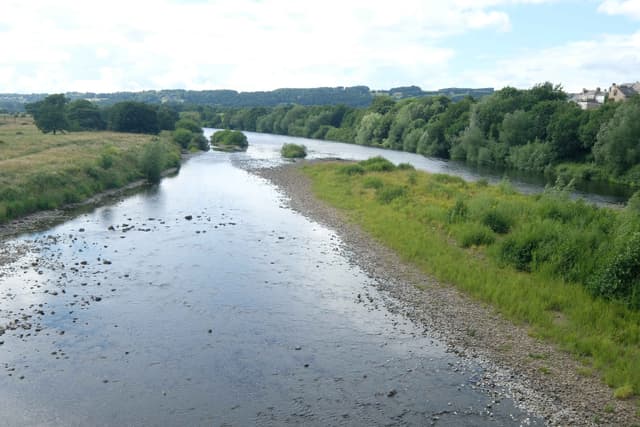 The River Tyne running broad and clear over gravel at Corbridge, wooded banks under a summer sky.