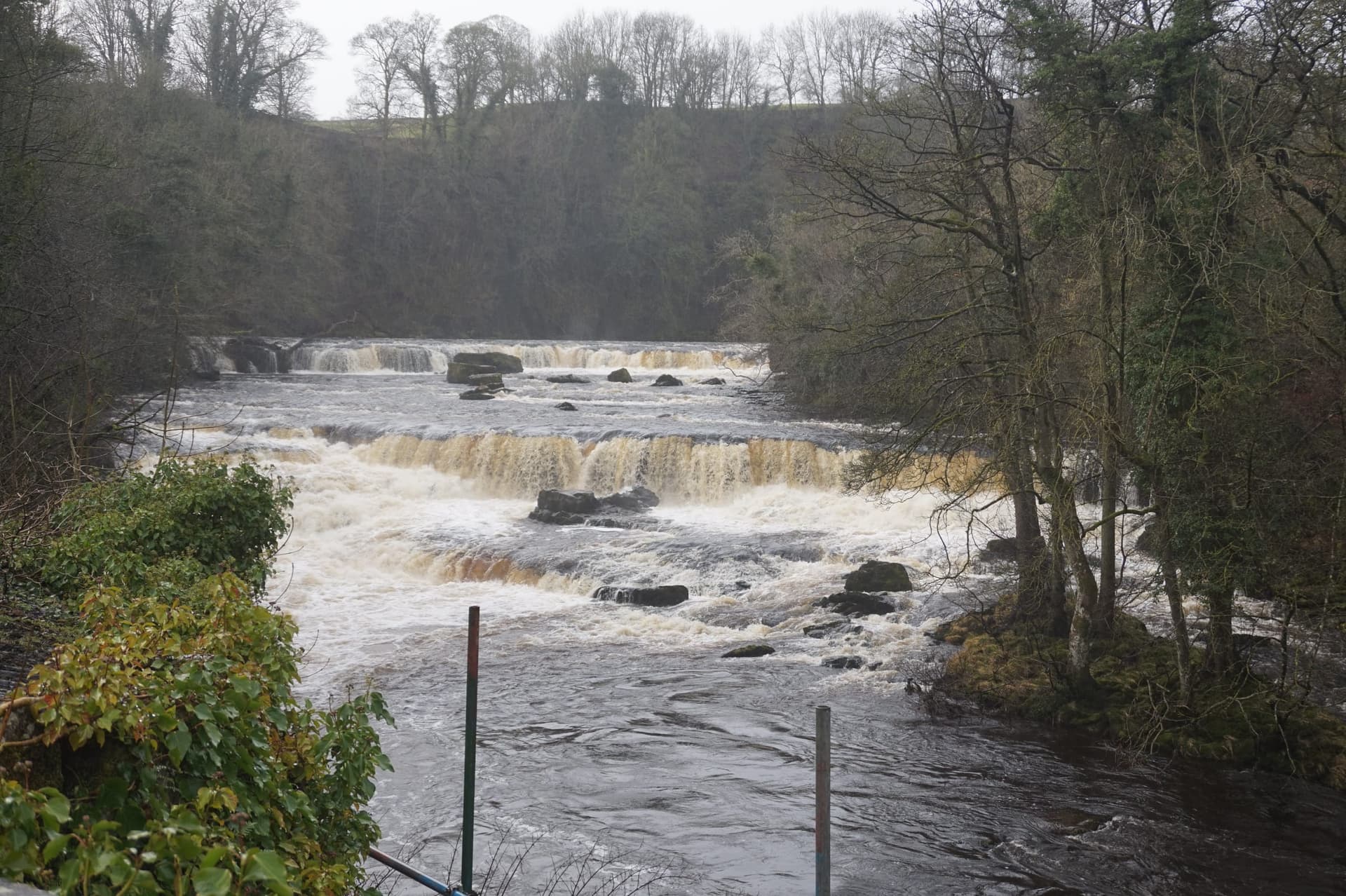 The River Ure cascading over the broad limestone shelves of Aysgarth Falls in winter light.