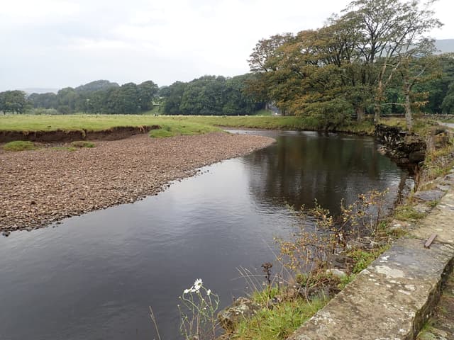 The River Ure flowing through open moorland pasture near Hawes with clear gravel-bed riffles.
