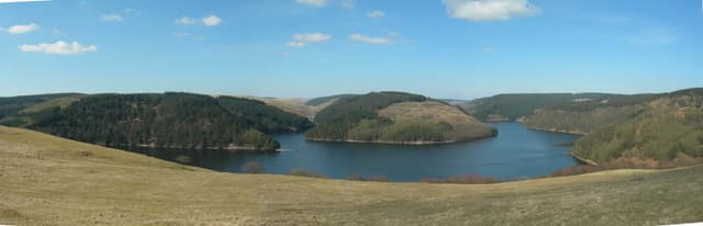Wide panoramic view of Llyn Brianne reservoir on a clear day, forested hills descending to the water.