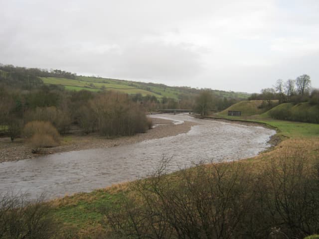 The River Wear running through shallow gravel south of Frosterley under winter light.