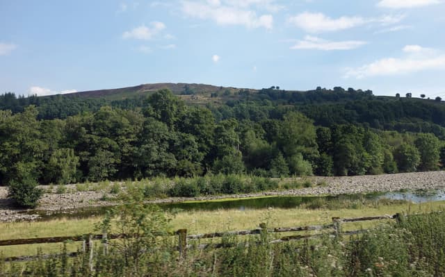 The River Wear sweeping through a broad meander downstream of Stanhope in low summer water.