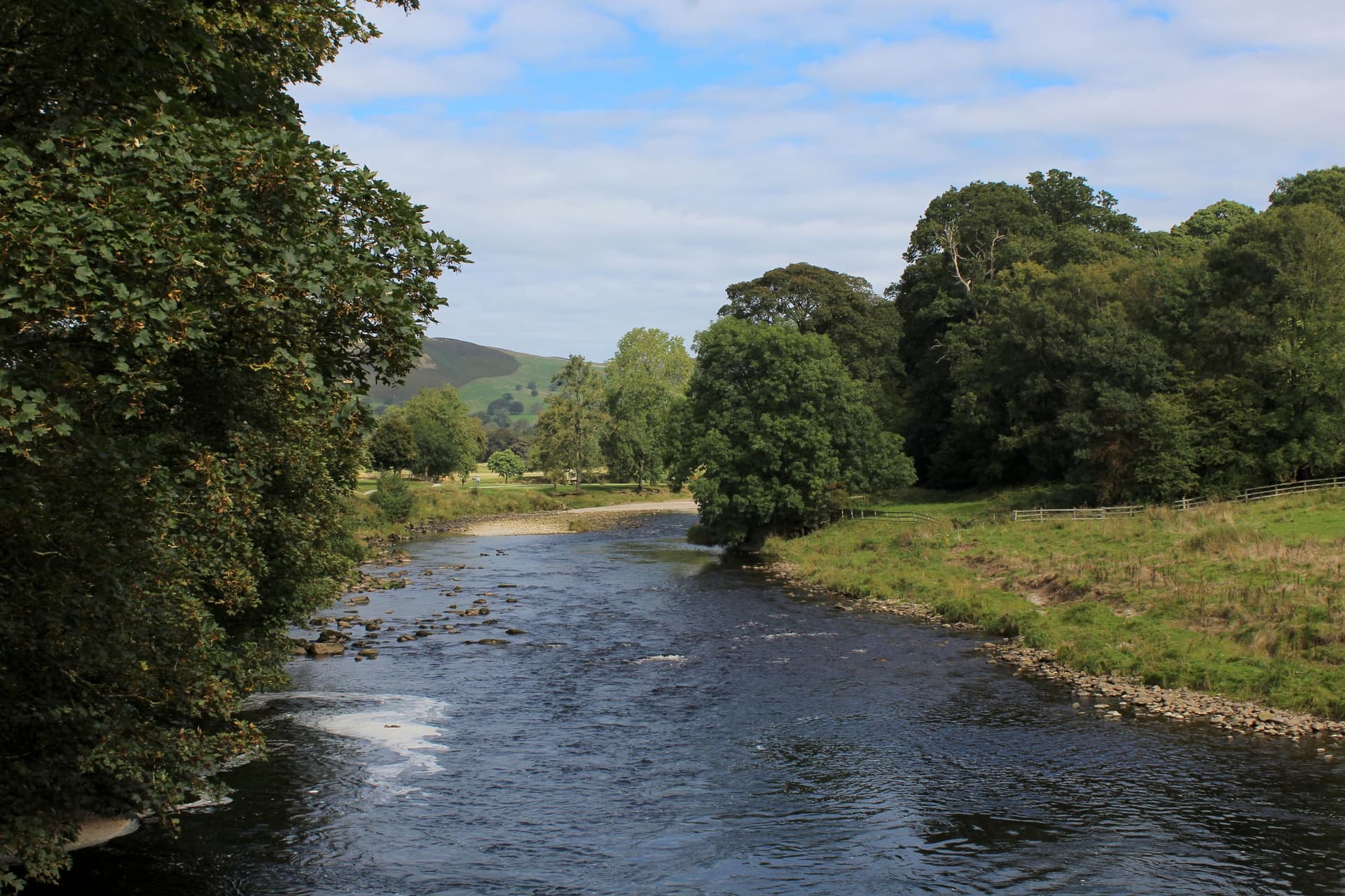The River Wharfe flowing through a wide gravel-bed channel at Bolton Abbey with tree-lined banks.