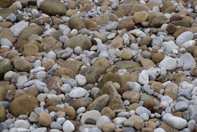 Smooth pebbles carpeting the bed and bank of the River Wharfe at Bolton Abbey with shallow clear water behind.
