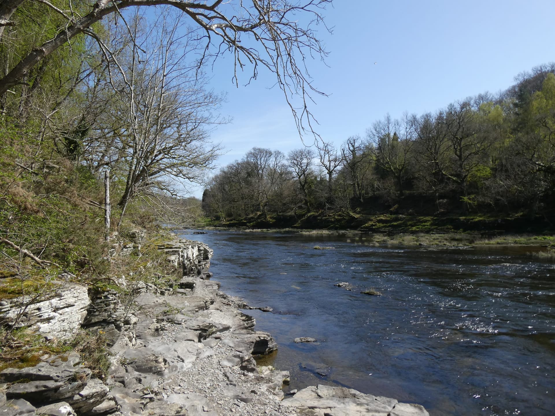 The River Wye near Erwood, the river channel against a backdrop of Welsh upland pasture and hillside.
