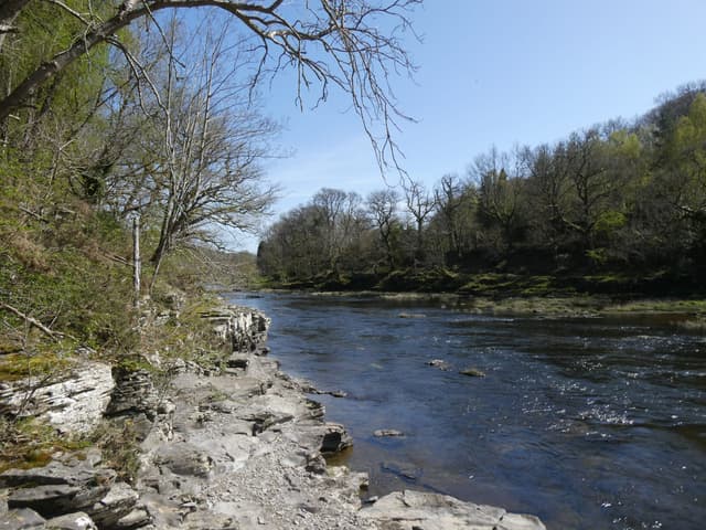 The River Wye near Erwood, the river channel against a backdrop of Welsh upland pasture and hillside.